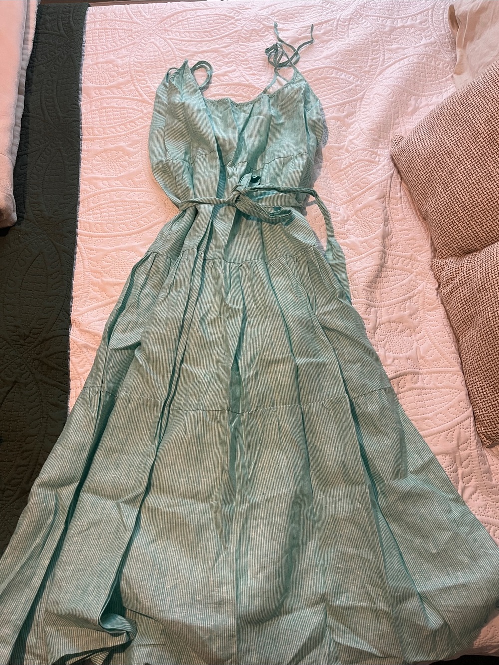 Mille Green and White striped tie shoulder maxi dress size XL